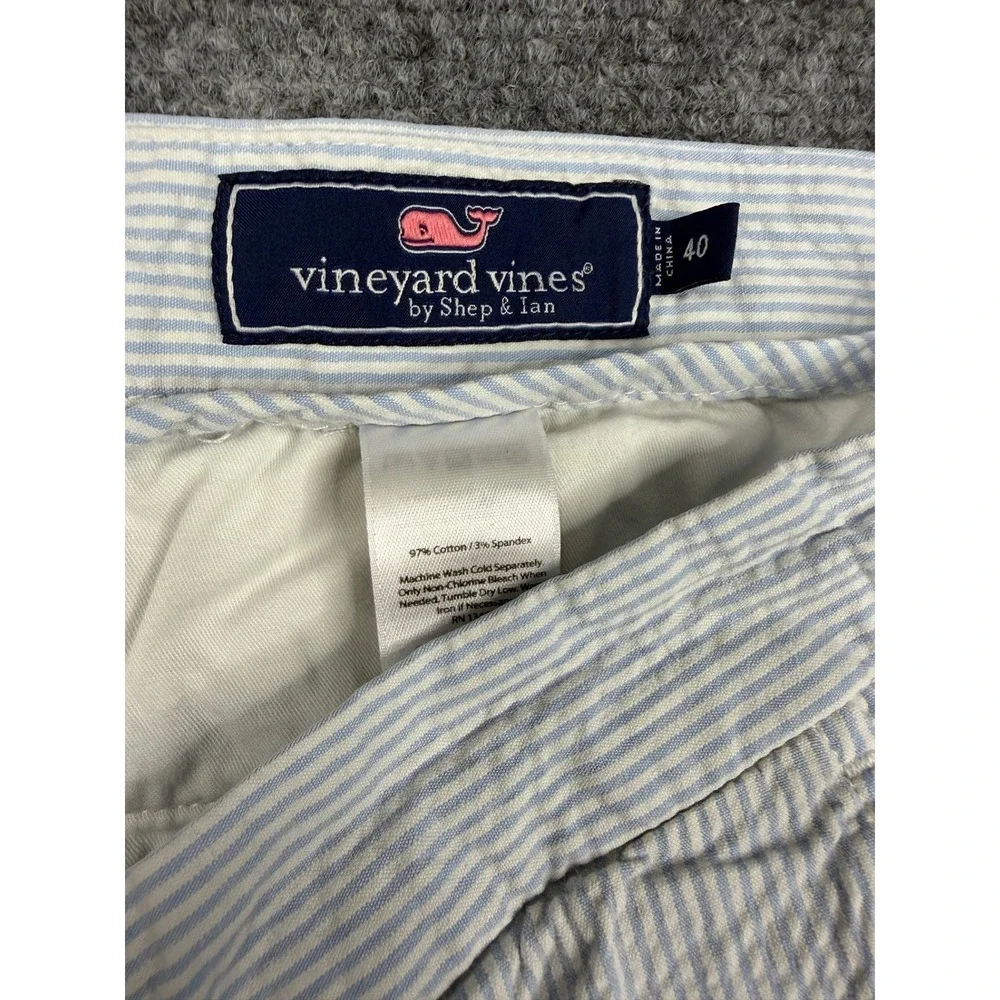 Vineyard Vines M 40 Seersucker Shorts Blue Wht Striped Cotton Stretch 9in- FLAWS
